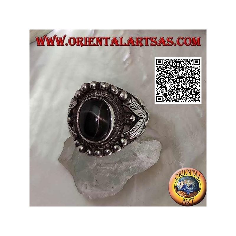 Anello Argento Black Star Ovale Montatura Etnica Palline Foglie