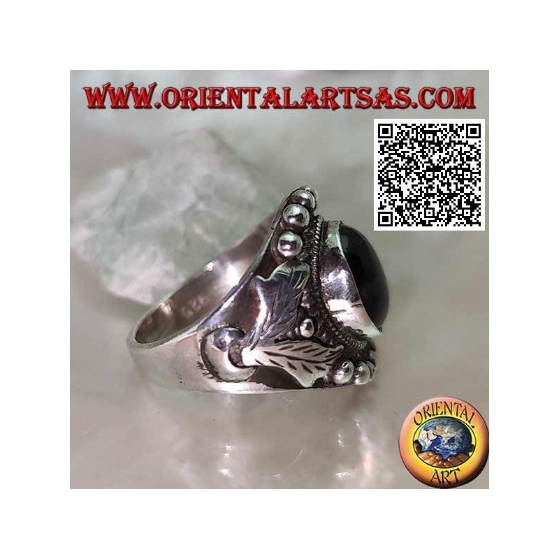 Anello Argento Black Star Ovale Montatura Etnica Palline Foglie