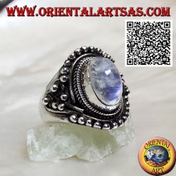 Silver ring with rainbow moonstone on ethnic setting with balls