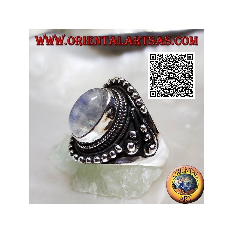 Silver ring with rainbow moonstone on ethnic setting with balls