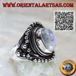 Silver ring with rainbow moonstone on ethnic setting with balls
