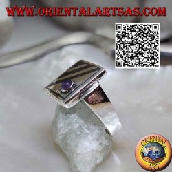 Square silver ring with oblique niello lines and round amethyst in one corner