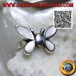 Silver ring in the shape of a butterfly with mother-of-pearl wings