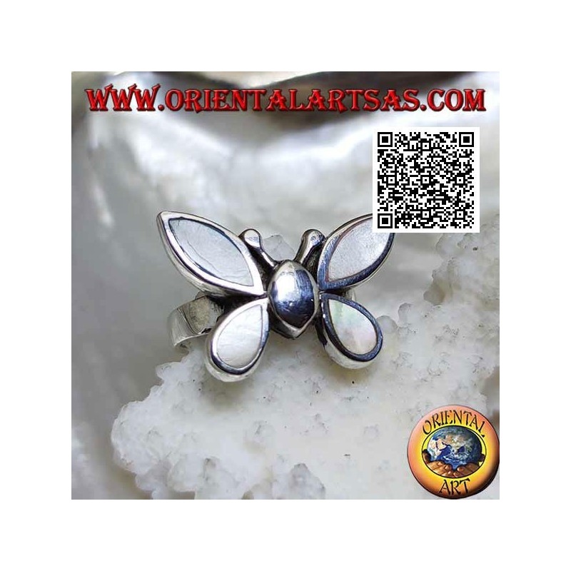 Silver ring in the shape of a butterfly with mother-of-pearl wings