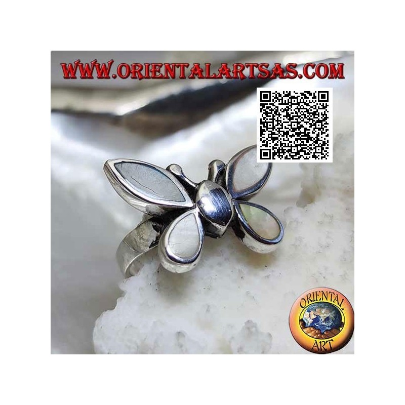 Anillo de plata en forma de mariposa con alas de nácar