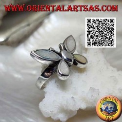 Silver ring in the shape of a butterfly with mother-of-pearl wings