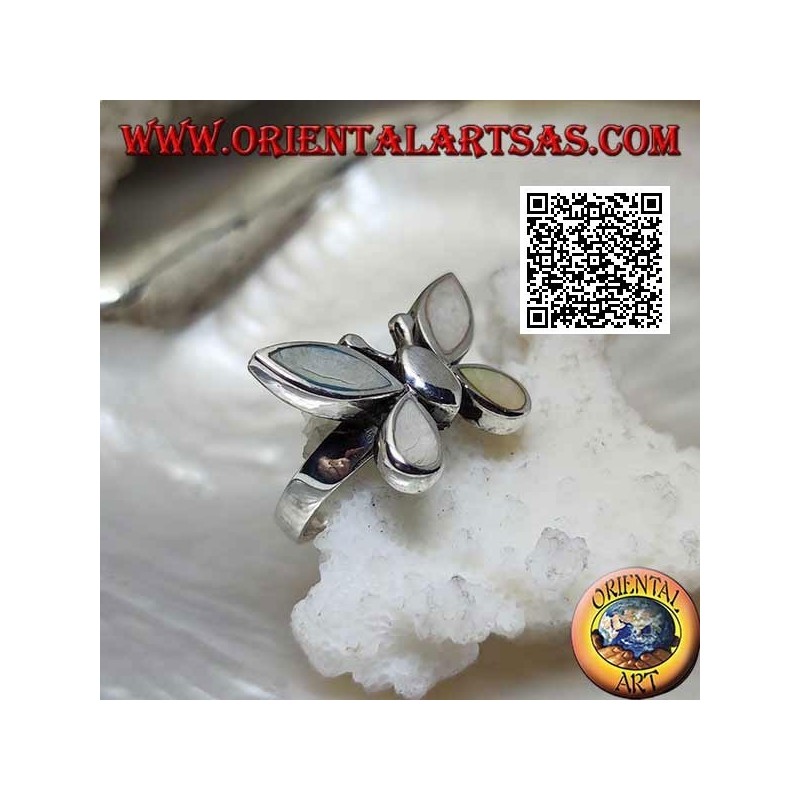 Silberring in Form eines Schmetterlings mit Perlmuttflügeln