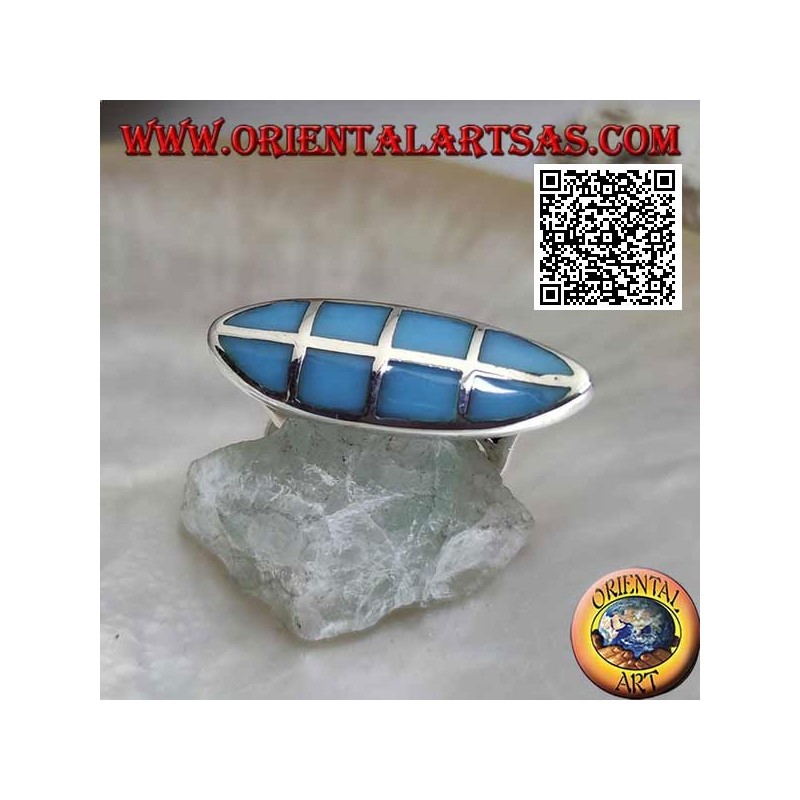 Smooth silver shuttle ring with square turquoise set flush with the edge