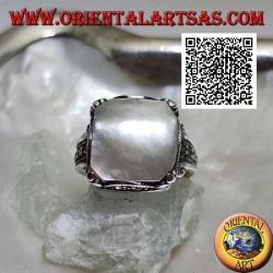 Silver ring with square mother of pearl and marcasite on frame and sides