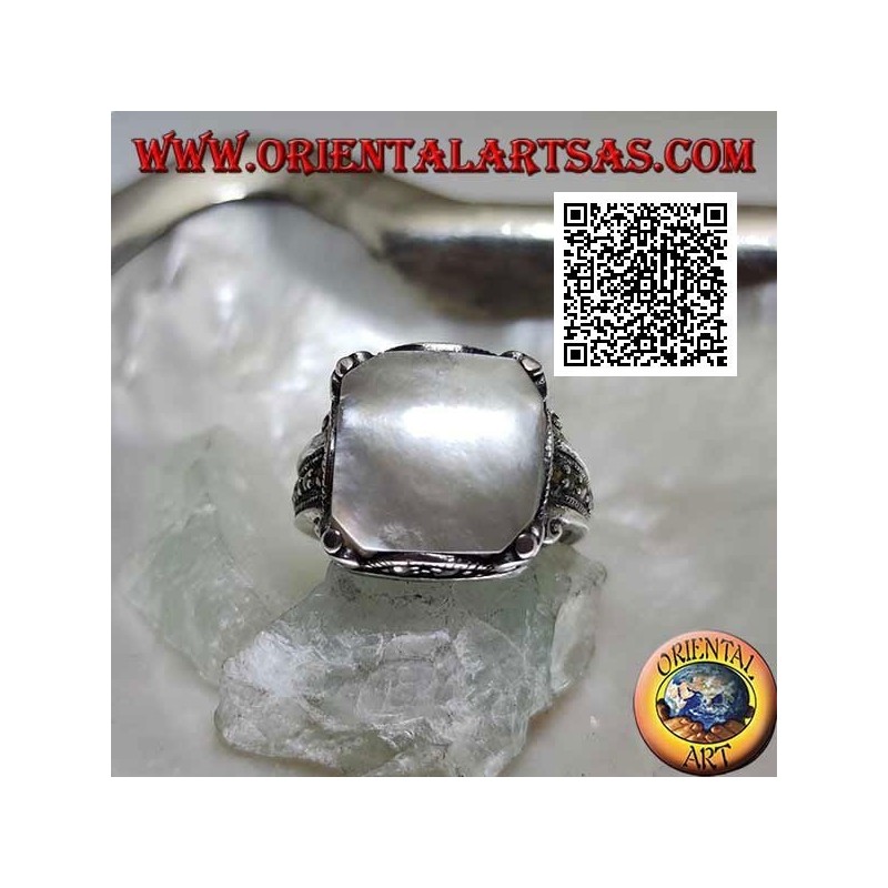 Silver ring with square mother of pearl and marcasite on frame and sides