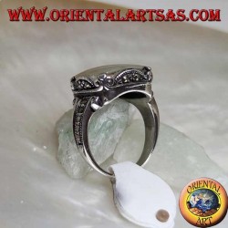 Silver ring with square mother of pearl and marcasite on frame and sides
