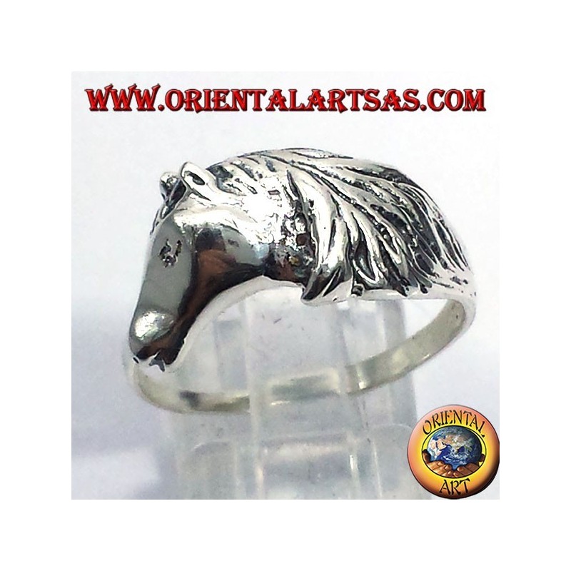 ring horse head with mane, silver