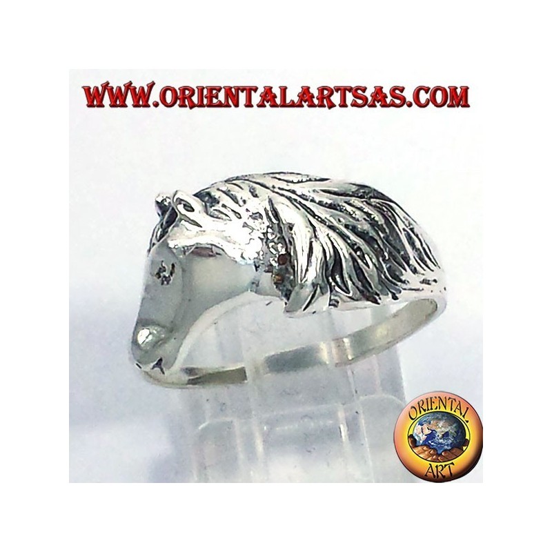 anello testa di cavallo con criniera, in argento