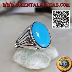 Silver ring with oval cabochon turquoise with smooth fan on the sides