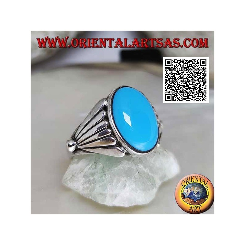 Silver ring with oval cabochon turquoise with smooth fan on the sides
