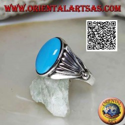 Silver ring with oval cabochon turquoise with smooth fan on the sides