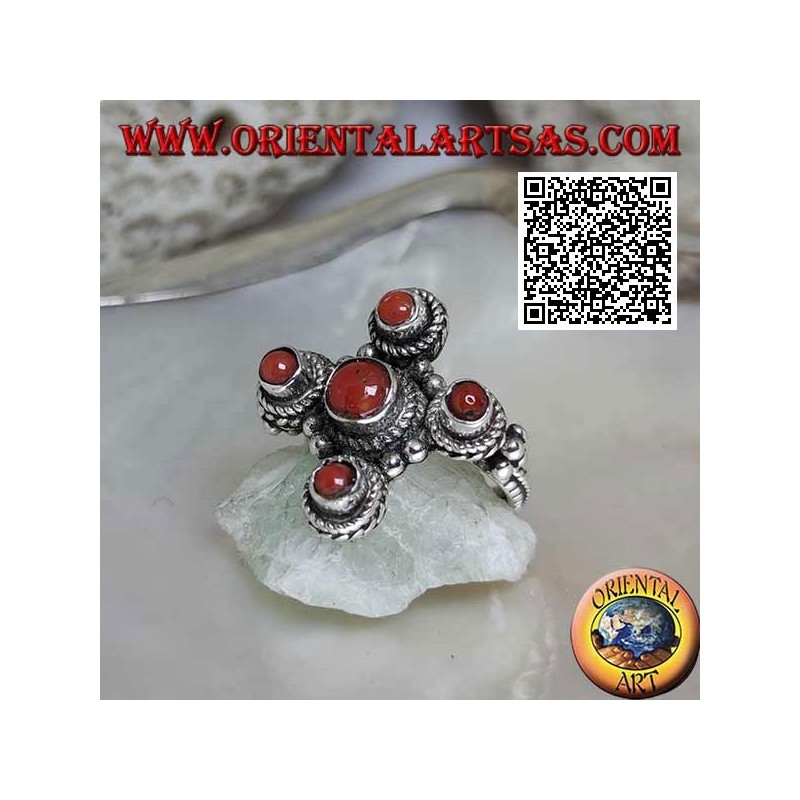 Silver ring with five natural ancient corals of Tibetan origin arranged in a Greek cross