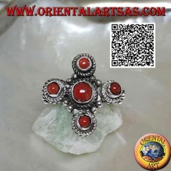 Silver ring with five natural ancient corals of Tibetan origin arranged in a Greek cross