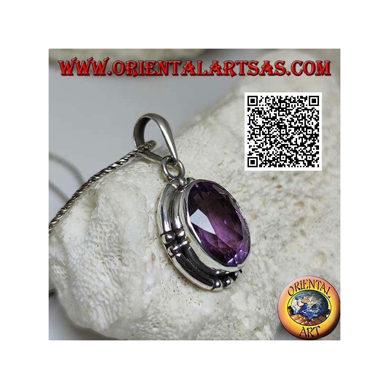 Silberanhänger mit prächtiger natürlicher Amethyst-Oval-Grand-Facette und glatter Kante an den 4 Kardinalpunkten