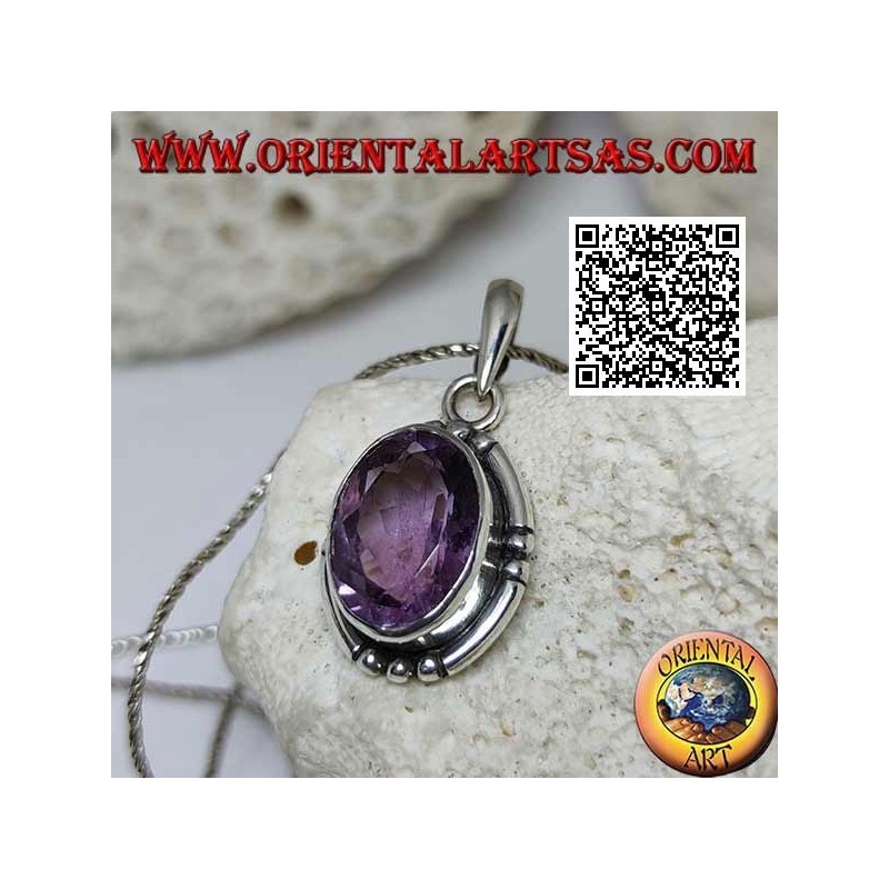 Silberanhänger mit prächtiger natürlicher Amethyst-Oval-Grand-Facette und glatter Kante an den 4 Kardinalpunkten