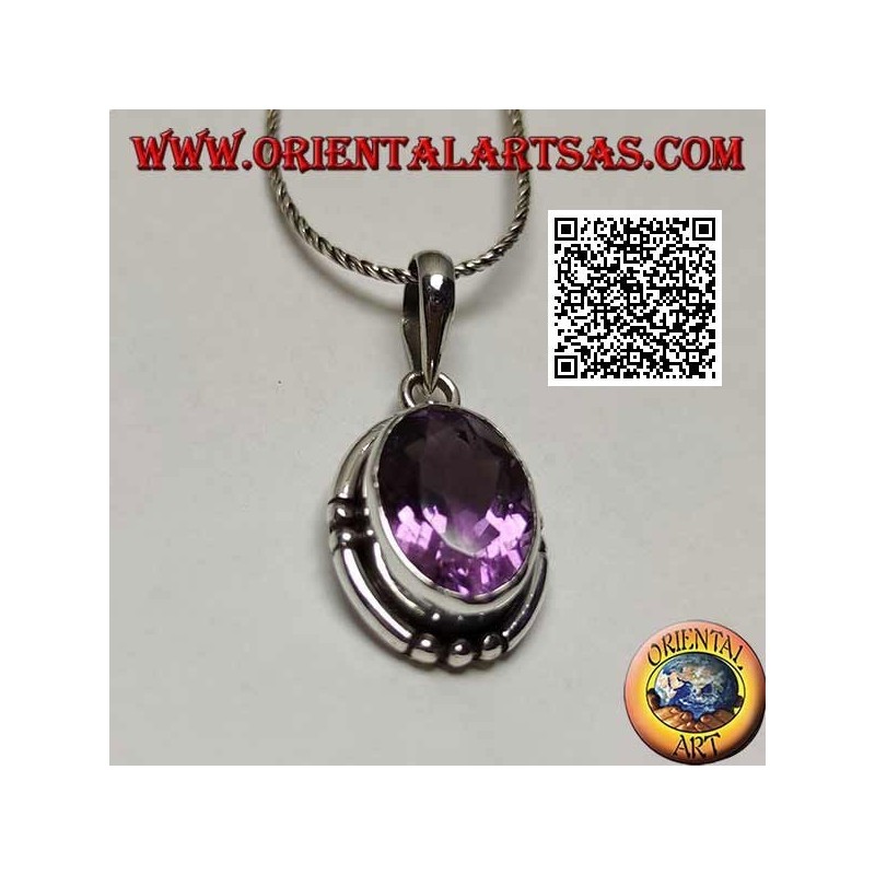Silberanhänger mit prächtiger natürlicher Amethyst-Oval-Grand-Facette und glatter Kante an den 4 Kardinalpunkten