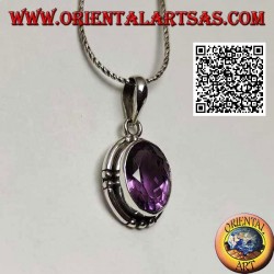 Silver pendant with splendid natural oval large faceted amethyst and smooth edge striped on the 4 cardinal points