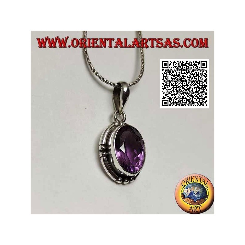 Silberanhänger mit prächtiger natürlicher Amethyst-Oval-Grand-Facette und glatter Kante an den 4 Kardinalpunkten