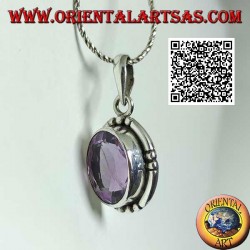Silver pendant with splendid natural oval large faceted amethyst and smooth edge striped on the 4 cardinal points