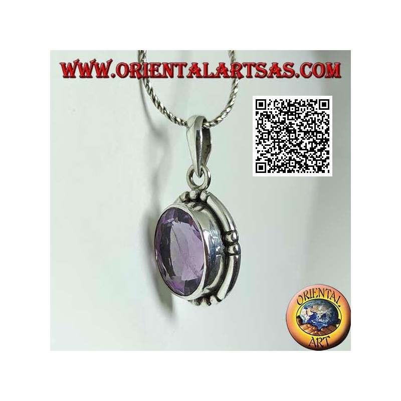 Silberanhänger mit prächtiger natürlicher Amethyst-Oval-Grand-Facette und glatter Kante an den 4 Kardinalpunkten