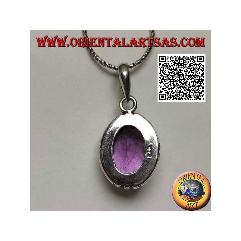 Silver pendant with splendid natural oval large faceted amethyst and smooth edge striped on the 4 cardinal points