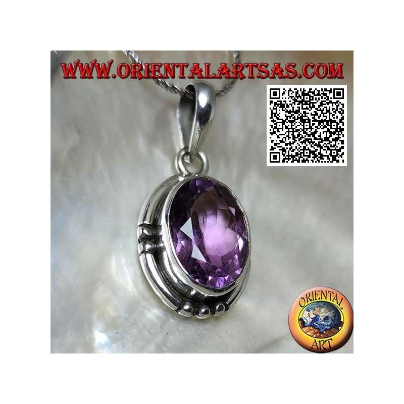 Silberanhänger mit prächtiger natürlicher Amethyst-Oval-Grand-Facette und glatter Kante an den 4 Kardinalpunkten