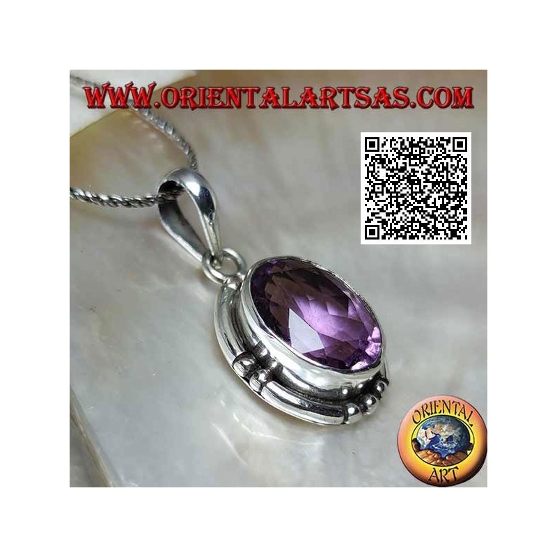 Ciondolo in argento con splendida ametista naturale ovale grand sfaccettata ebordo liscio rigato sui 4 punti cardinali