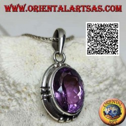 Silver pendant with splendid natural oval large faceted amethyst and smooth edge striped on the 4 cardinal points