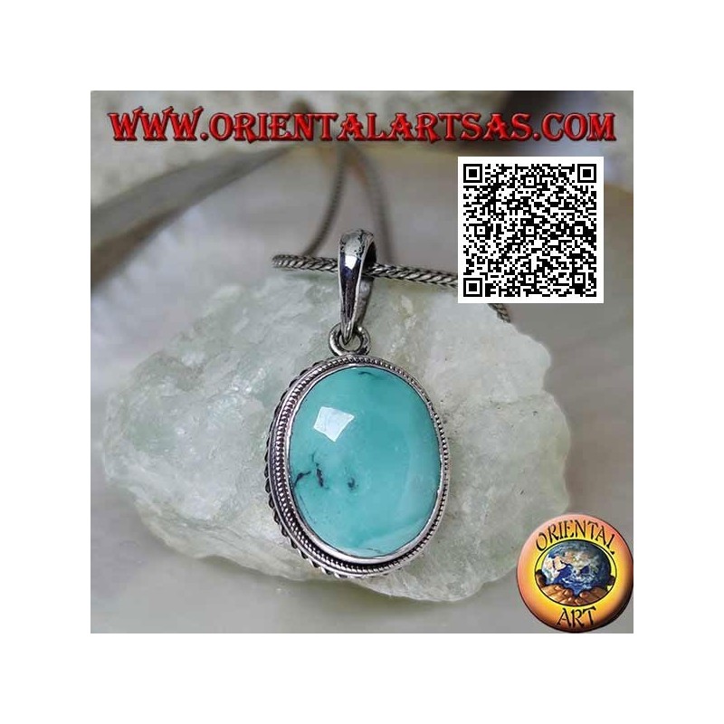 Silver pendant with natural oval turquoise surrounded by interweaving and helical line