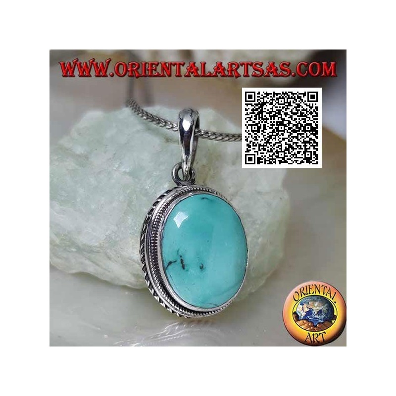 Pendentif en argent avec turquoise ovale naturelle entourée de lignes entrelacées et hélicoïdales