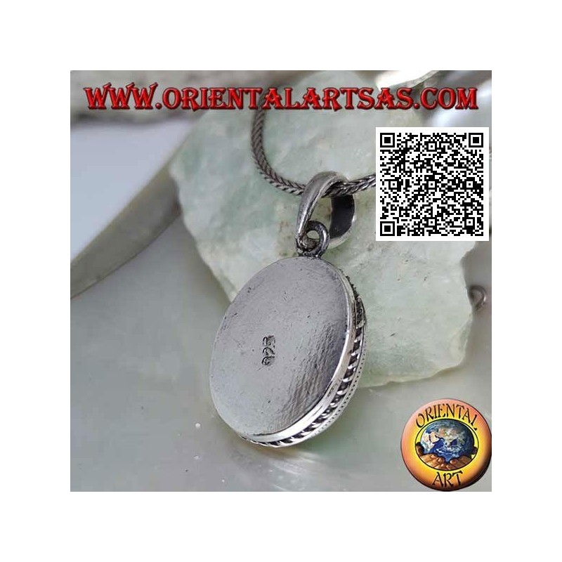 Silver pendant with natural oval turquoise surrounded by interweaving and helical line