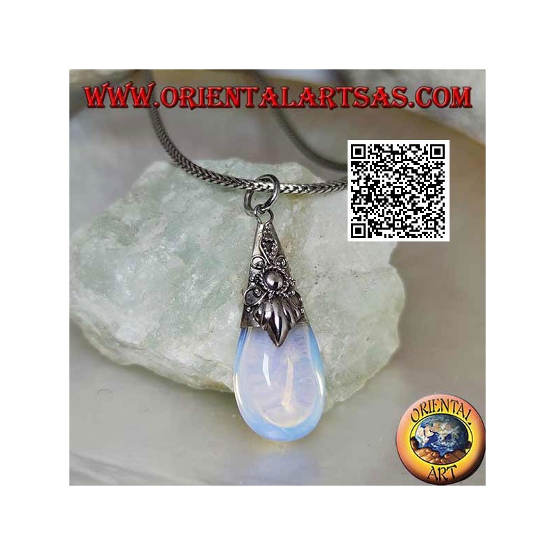 Pendentif goutte en argent avec opale de mer et décorations en relief