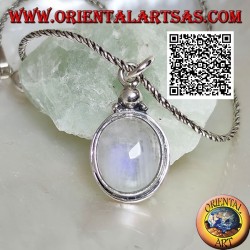 Silver pendant with oval rainbow moonstone and trio of balls above