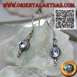 Silver pendant earrings with round natural aquamarine surrounded by intertwining of three balls