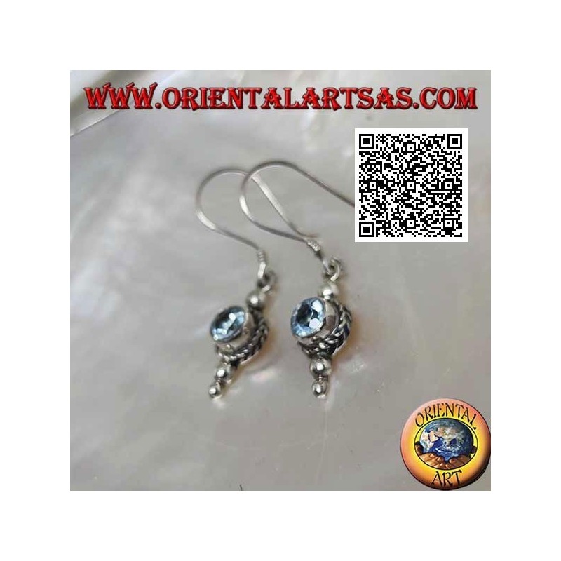 Silver pendant earrings with round natural aquamarine surrounded by intertwining of three balls