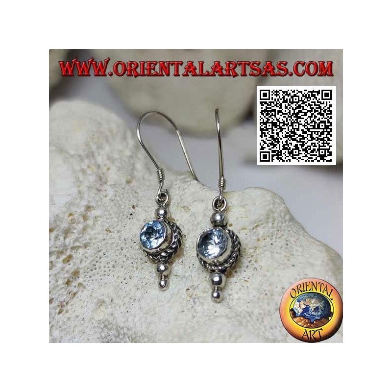 Silver pendant earrings with round natural aquamarine surrounded by intertwining of three balls