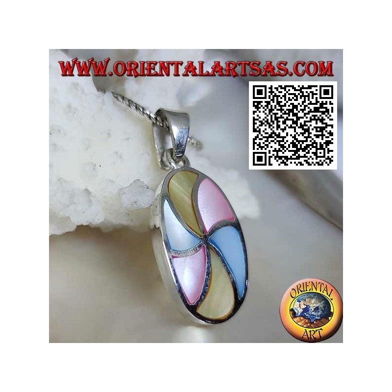 Oval silver pendant with multicolor mother-of-pearl helices