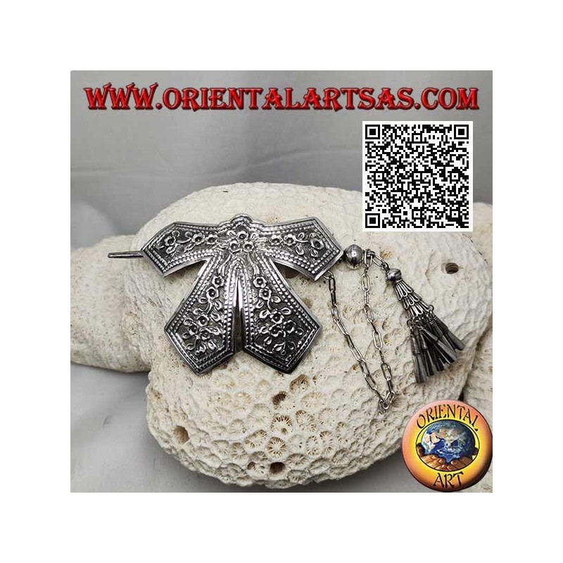 Pinza para el pelo en lazo plateado cincelado con cierre de alfiler con decoración floral