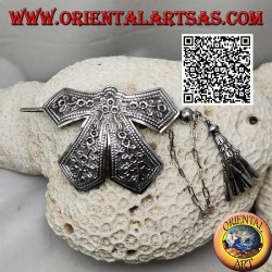 Hair clip in silver chiseled bow with floral decoration pin closure with pendants