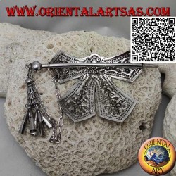 Hair clip in silver chiseled bow with floral decoration pin closure with pendants