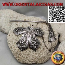 Hair clip in silver chiseled bow with floral decoration pin closure with pendants
