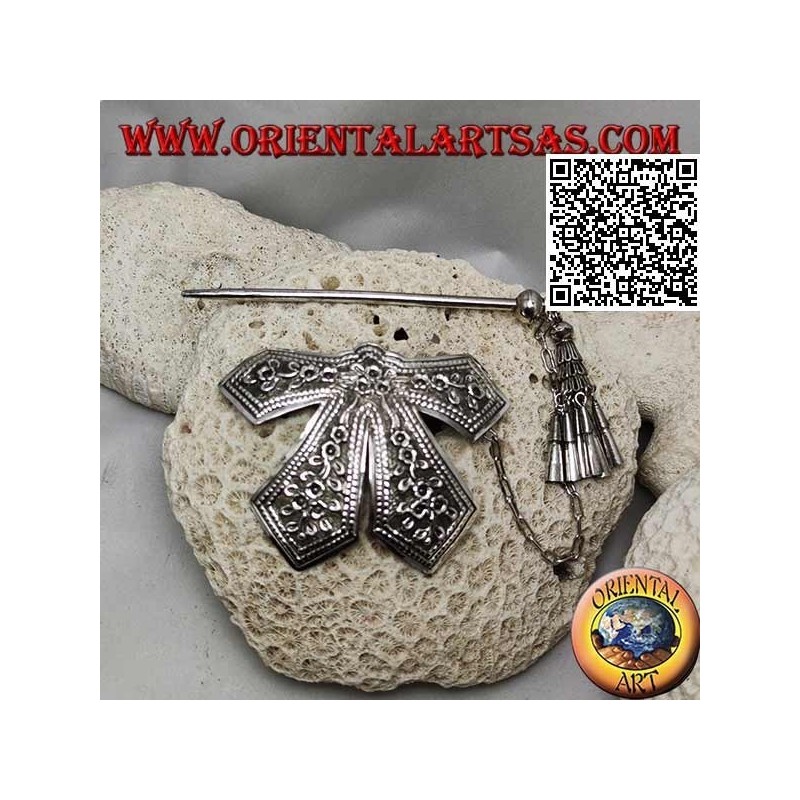 Pince à cheveux en arc ciselé argenté avec fermeture à épingle à décor floral avec pendentifs