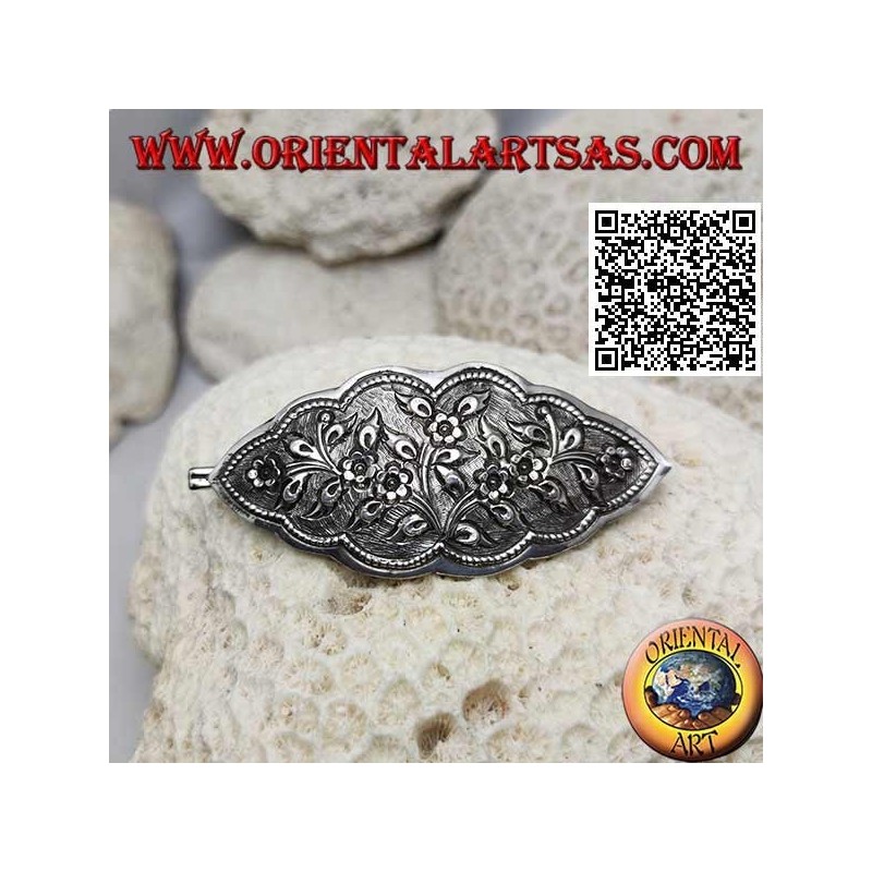 Floral plant chiseled silver hair clip with comb and snap closure (cloud)