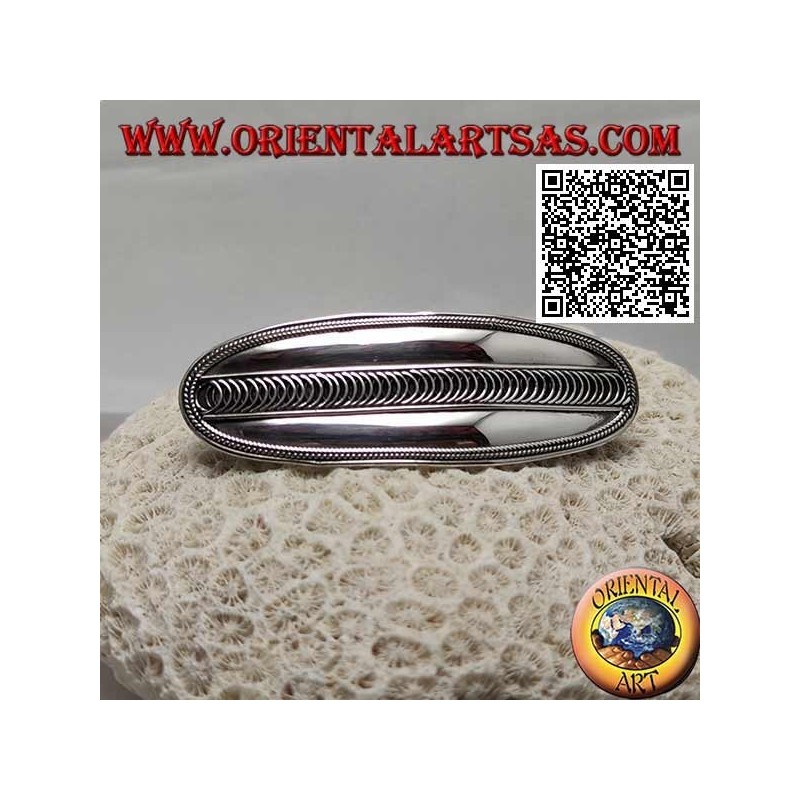 Pince à cheveux argentée ovale lisse avec tissage latéral et nœuds centraux (pince en métal)