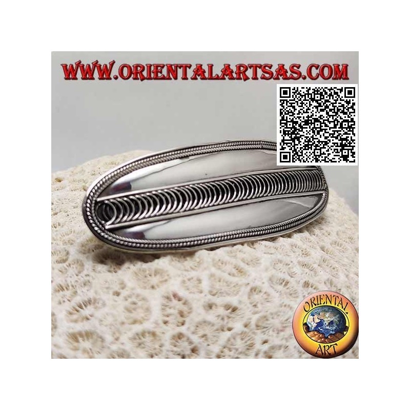 Smooth oval silver hair clip with side weave and central bows (metal clip)